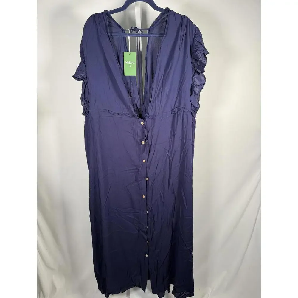 NWT Halara Deep V Neck Butterfly Sleeve Pocket Flowy Maxi Casual Dress Blue XL